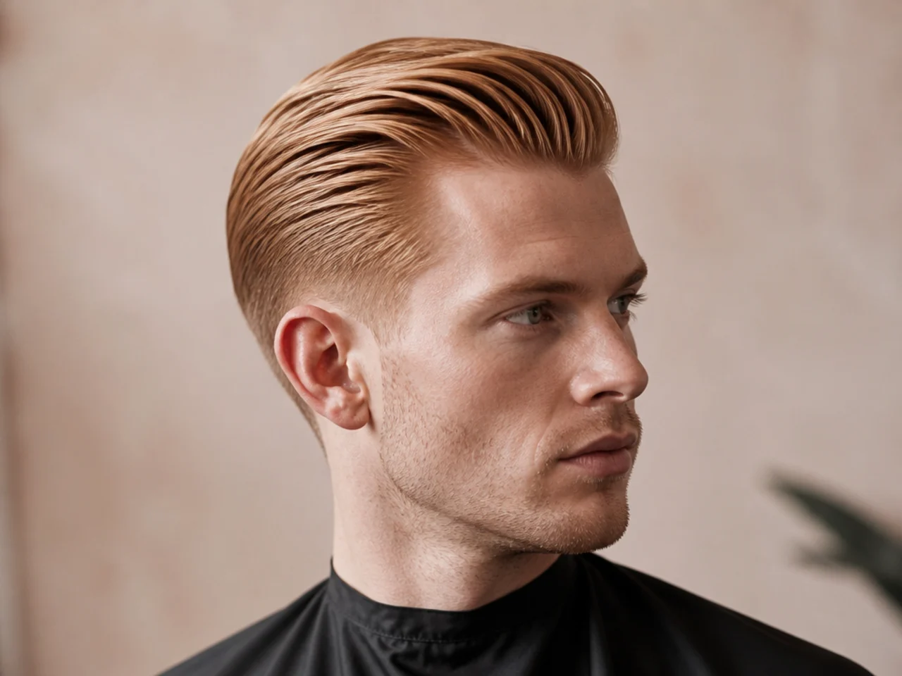 Strawberry blonde short slick back haircut with subtle red-gold warmth combed off the forehead