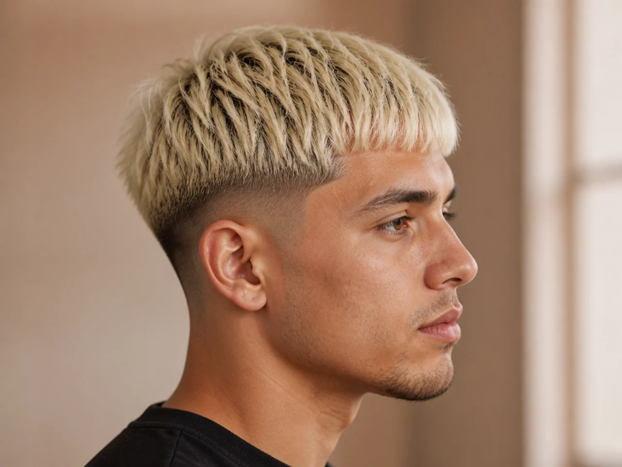 Peroxide white blonde Edgar haircut with a razor-sharp fringe line and skin fade on the sides