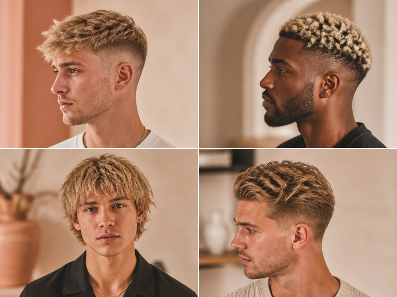 Colorist comparing blonde shade swatches against a client's skin during a short blonde haircut consultation