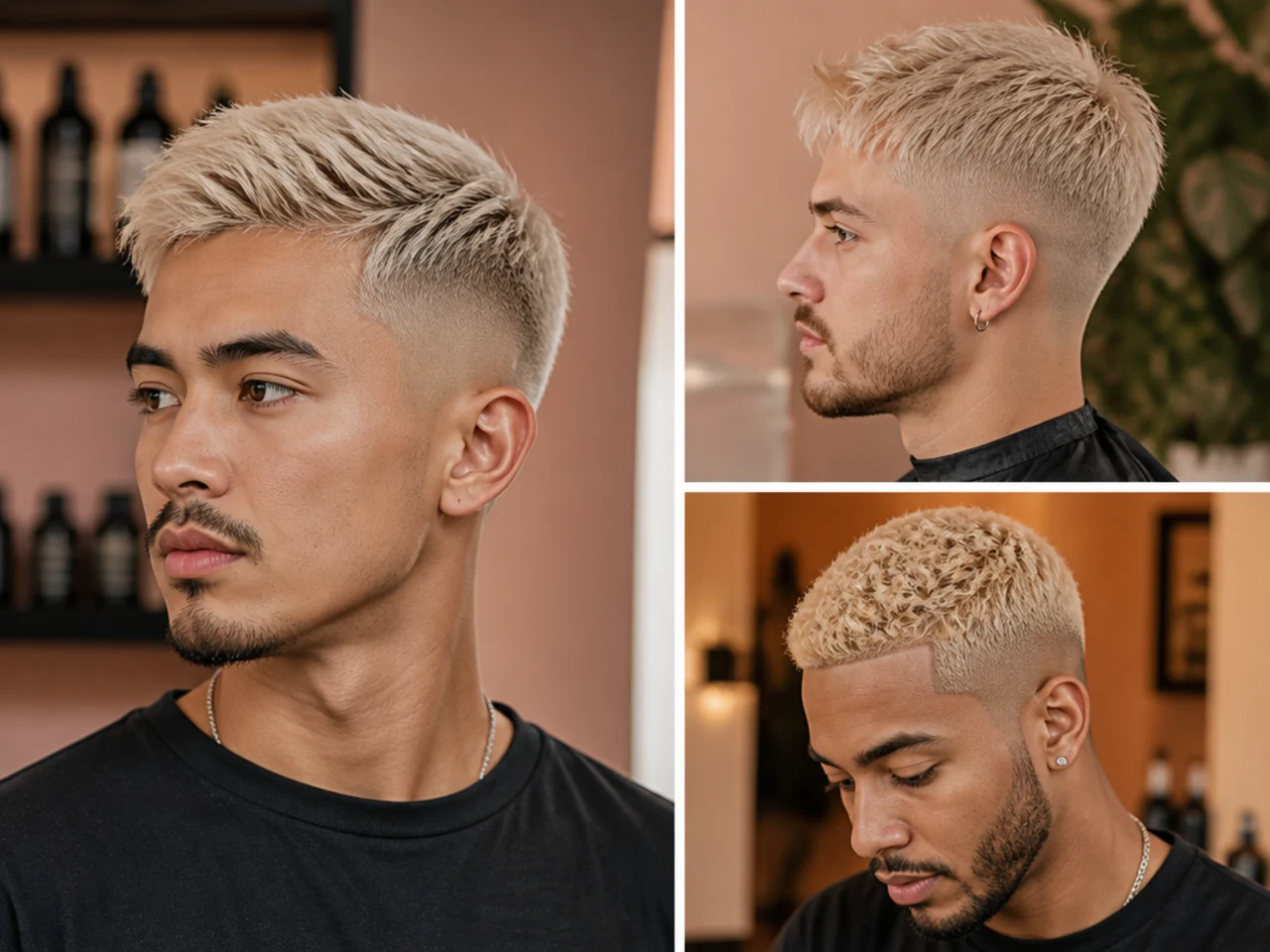 Purple shampoo, matte clay, and bond builder on a bathroom counter for short blonde men's haircut maintenance