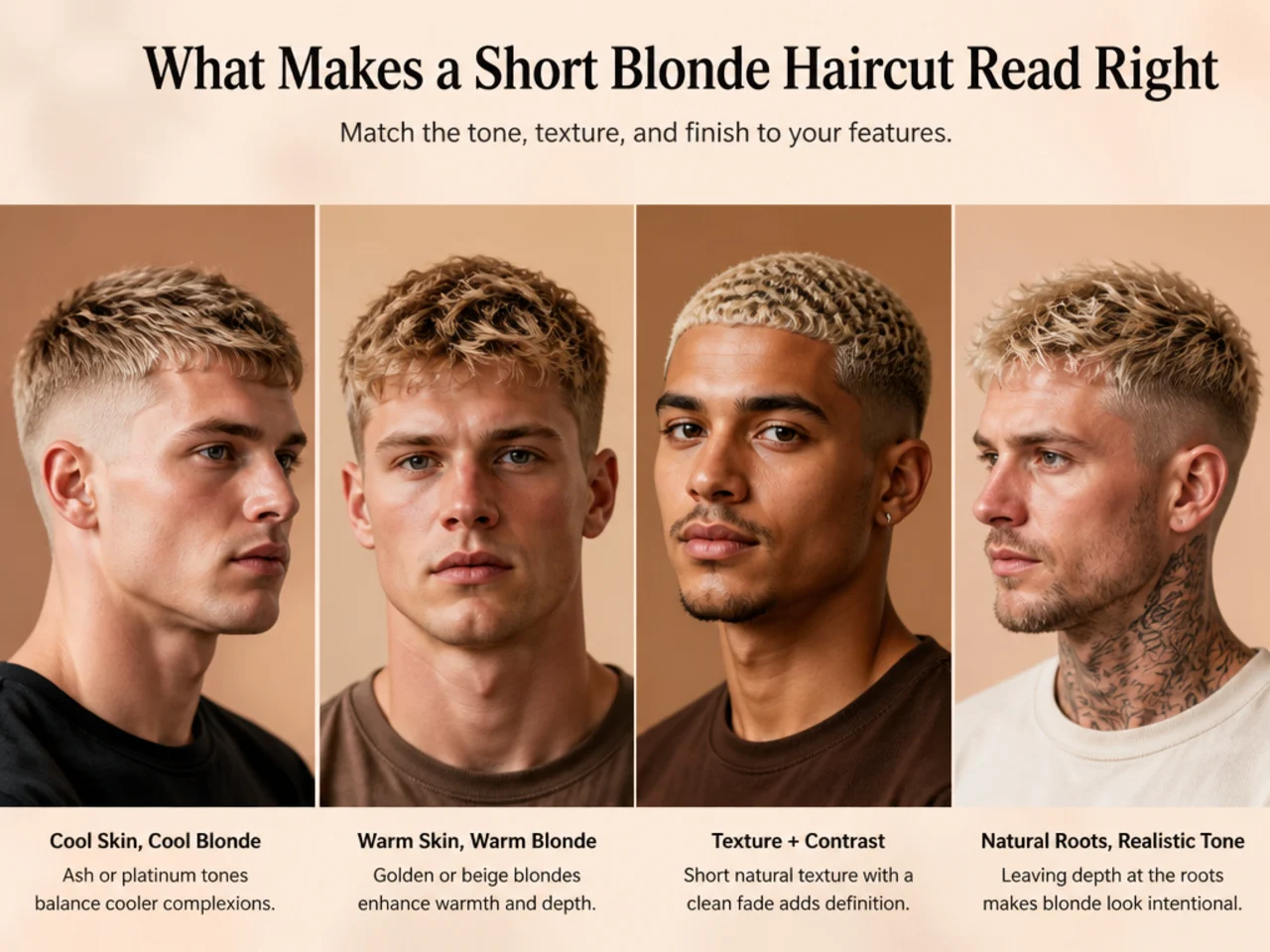 Short blonde haircut for men with a clean low taper on sandy blonde hair, showing the light-catch on a well-toned short cut