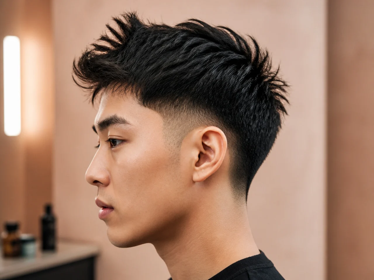 Short burst fade on Asian hair with a textured crop