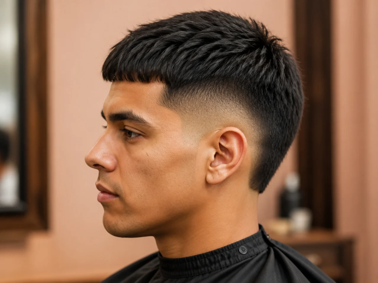 Short burst fade with a Caesar cut on top