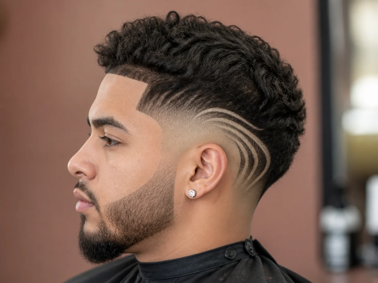Short burst fade with a shaved line design at the temple