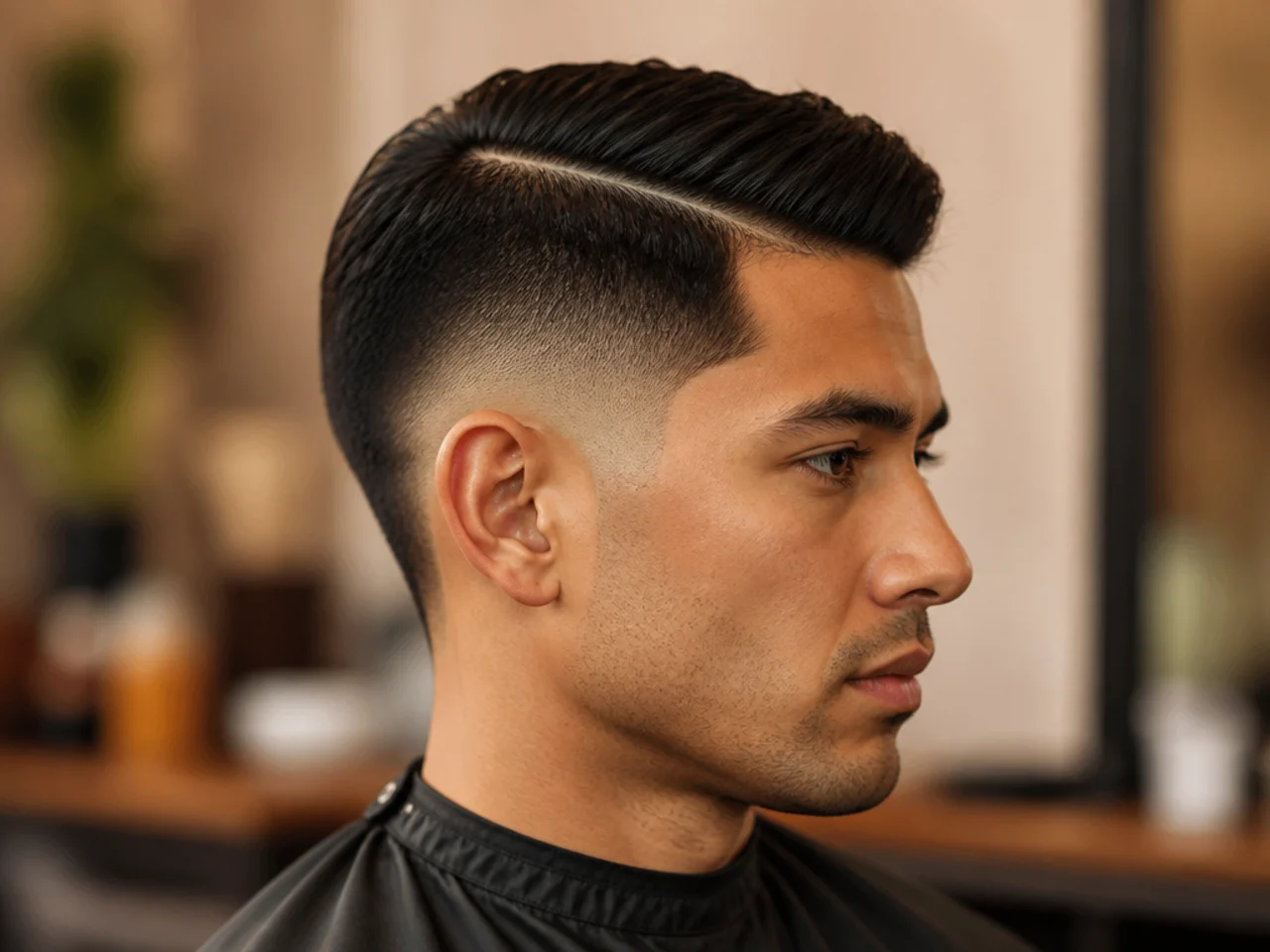 Short burst fade with a classic hard side part