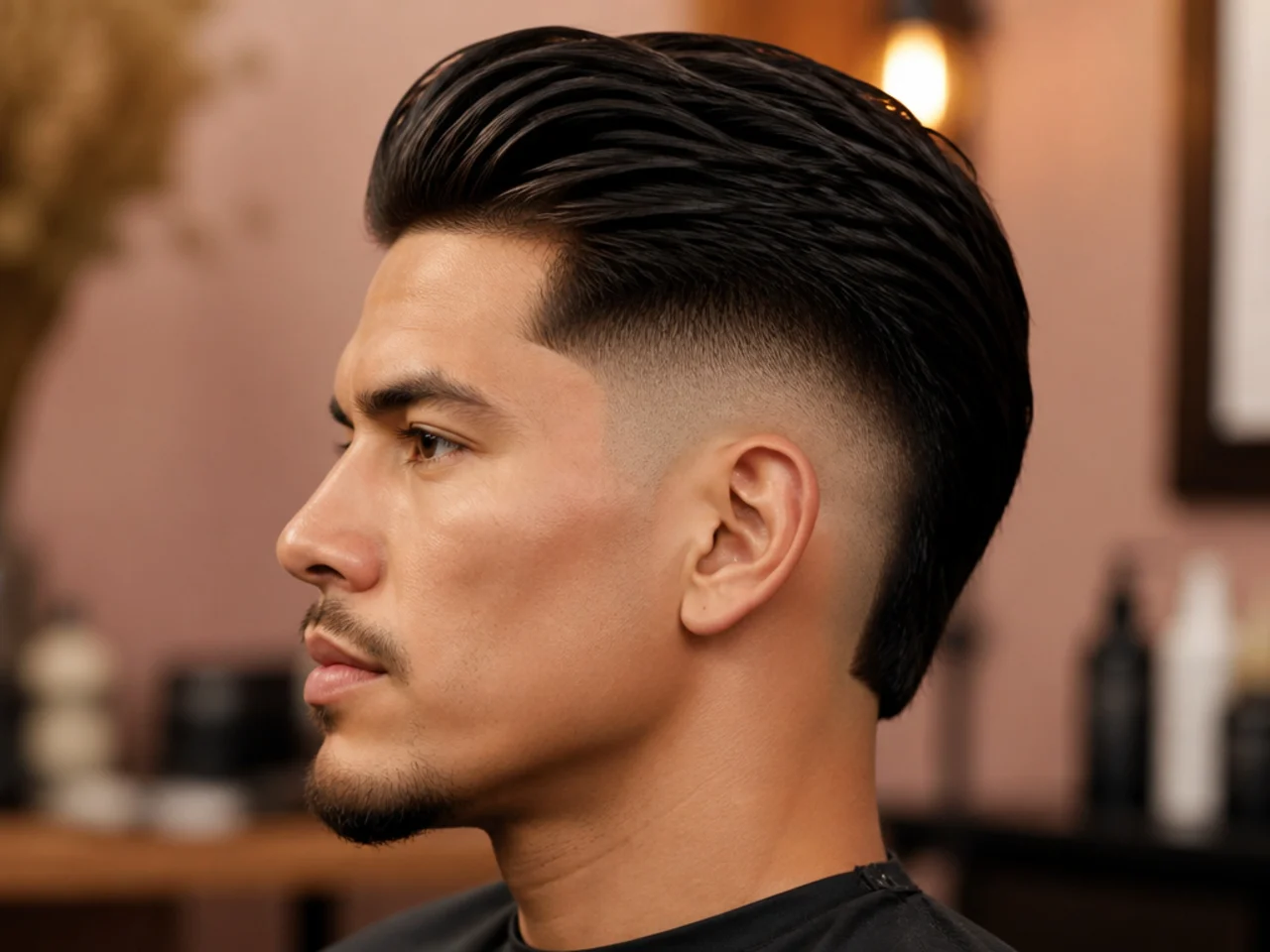 Short burst fade with a slicked-back short top
