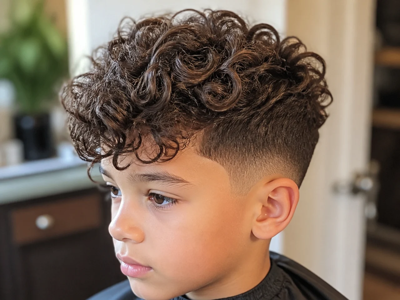 A boy with short sides and a long curly fringe