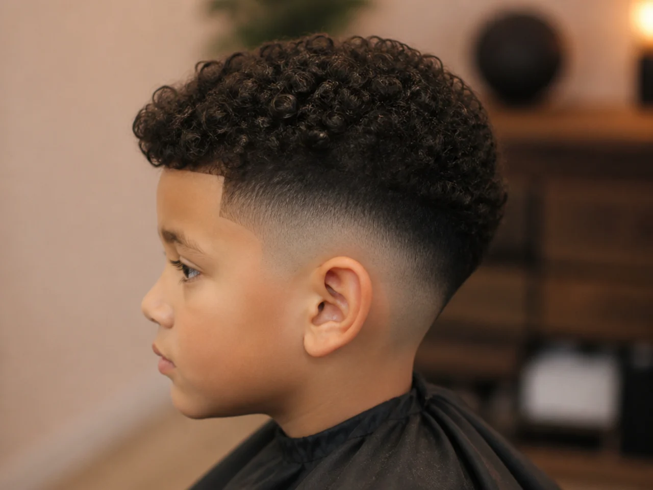 A boy with thick short curly hair