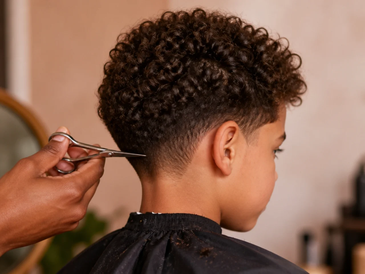 A boy having short curls cut with scissors