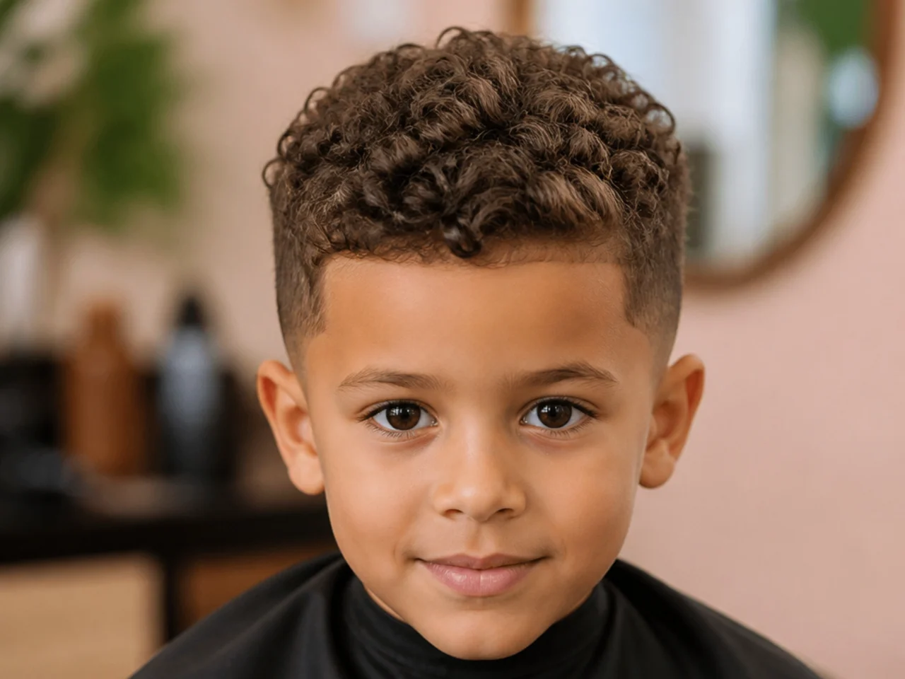 A boy with short curly hair and a visible cowlick