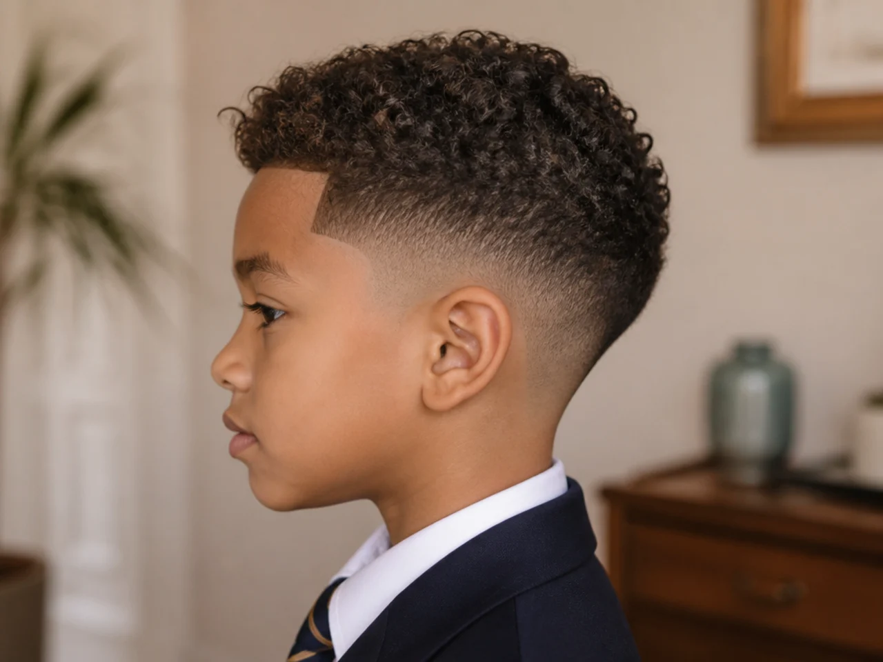 A boy in school uniform with short curly hair