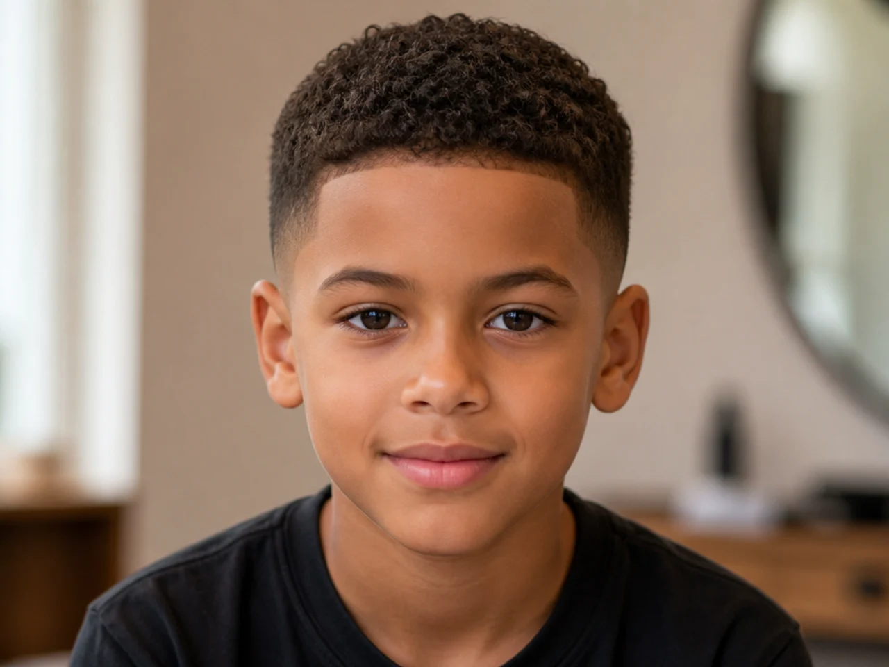 A boy with a curly buzz cut at a number four guard