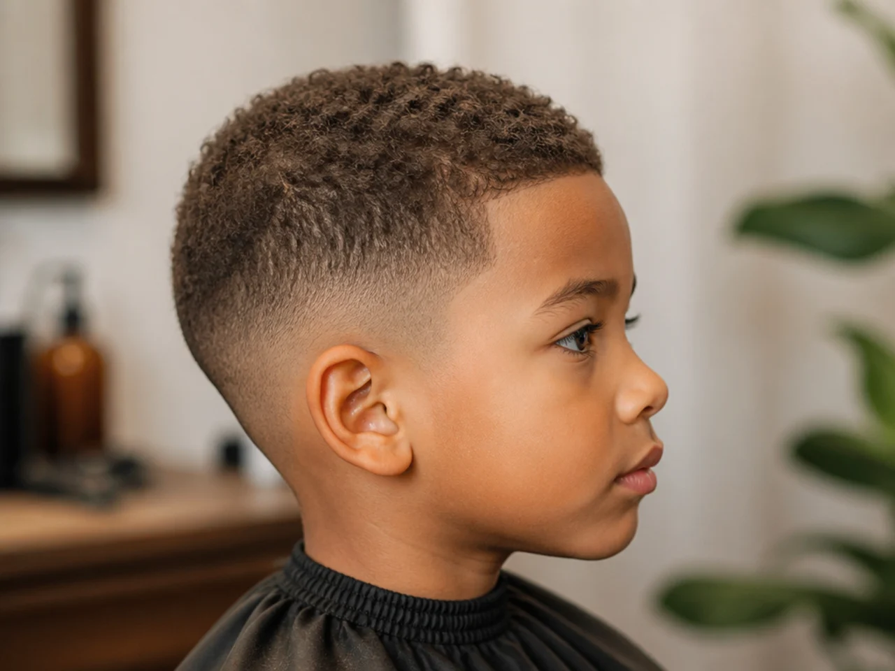 A boy with a very short textured buzz cut