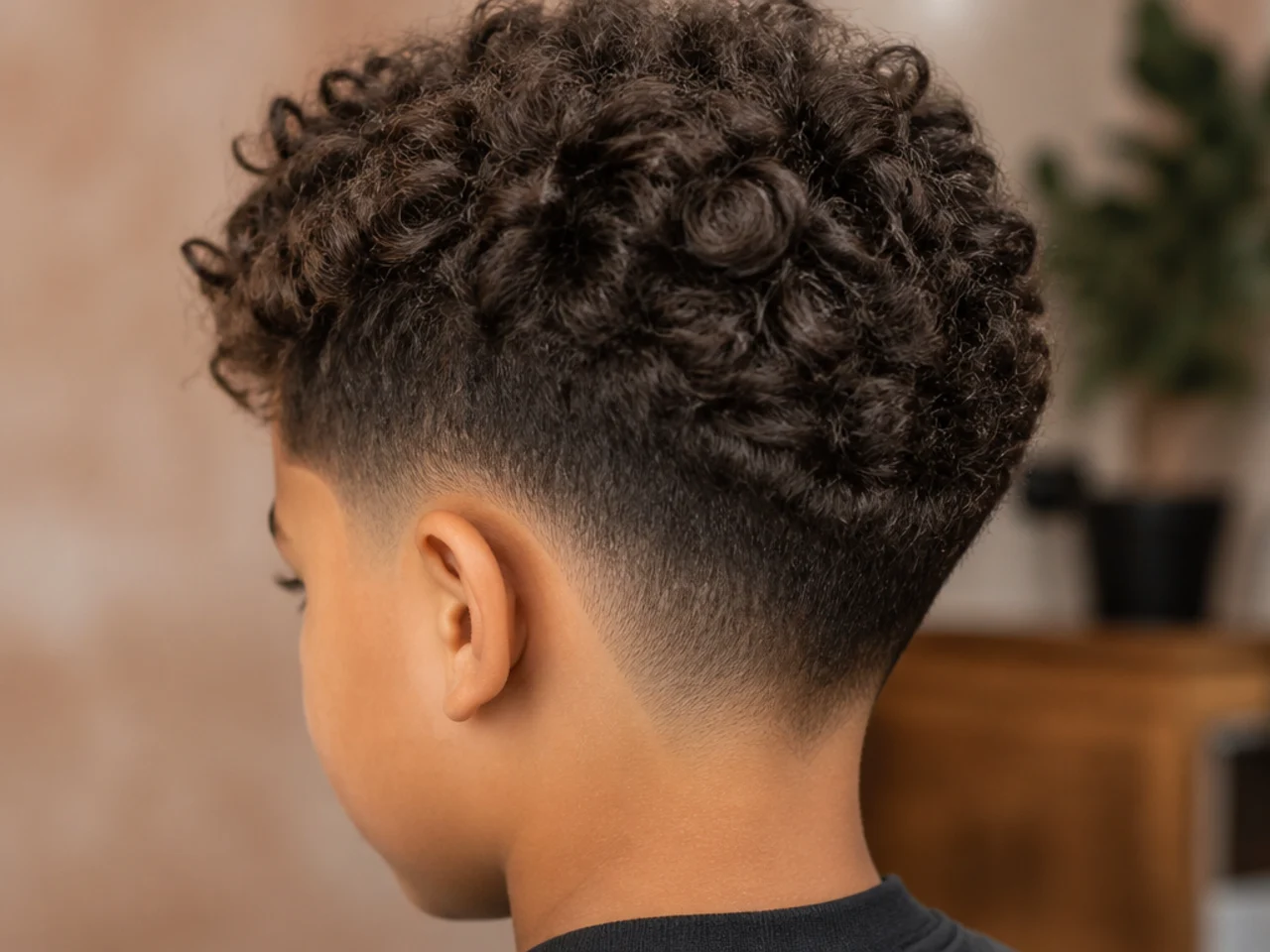 A boy with short curls and a tapered neckline