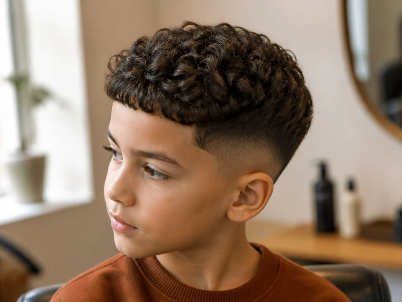 A boy with a short curly caesar cut
