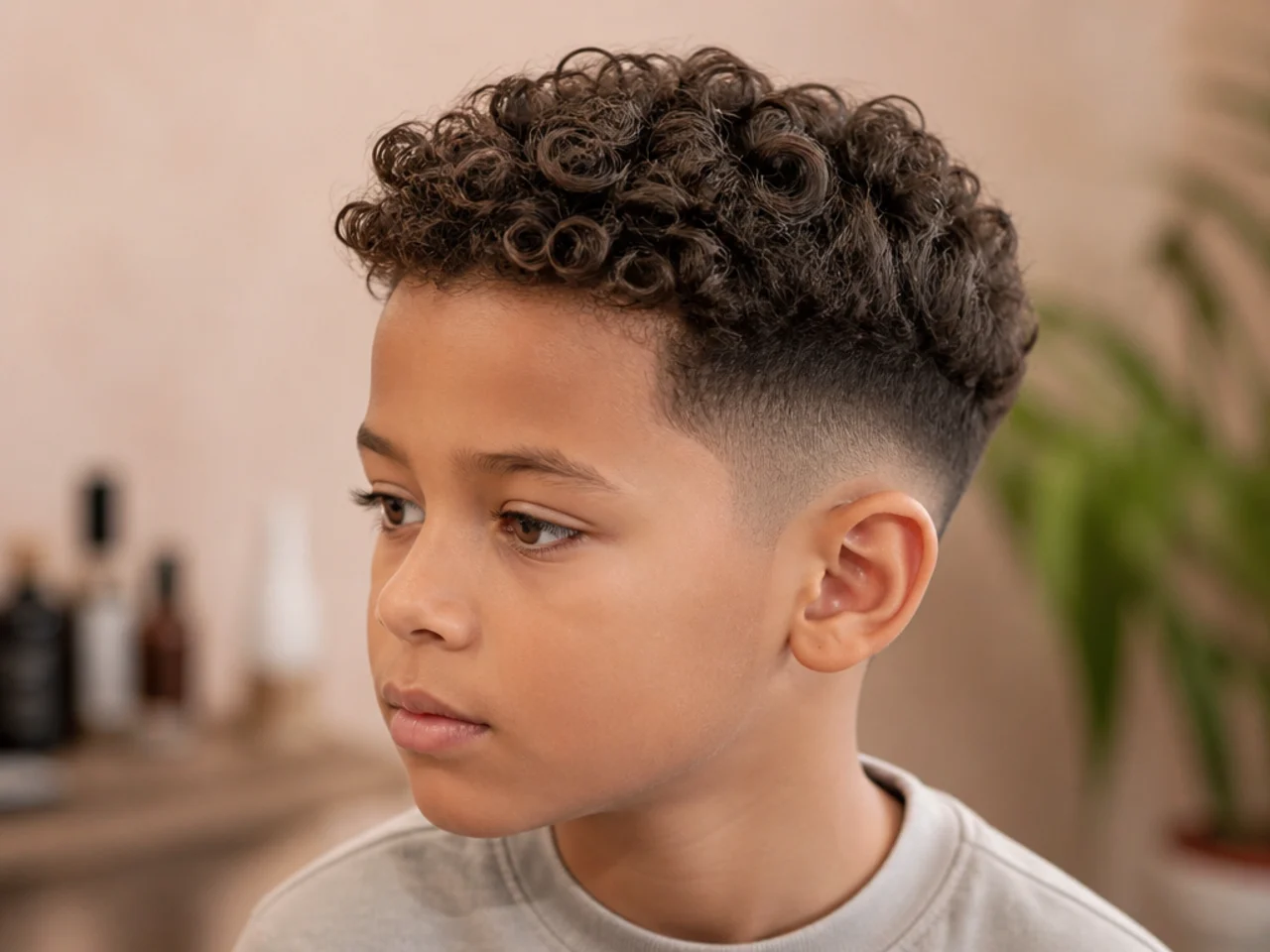 Side view of a boy with a short curly haircut
