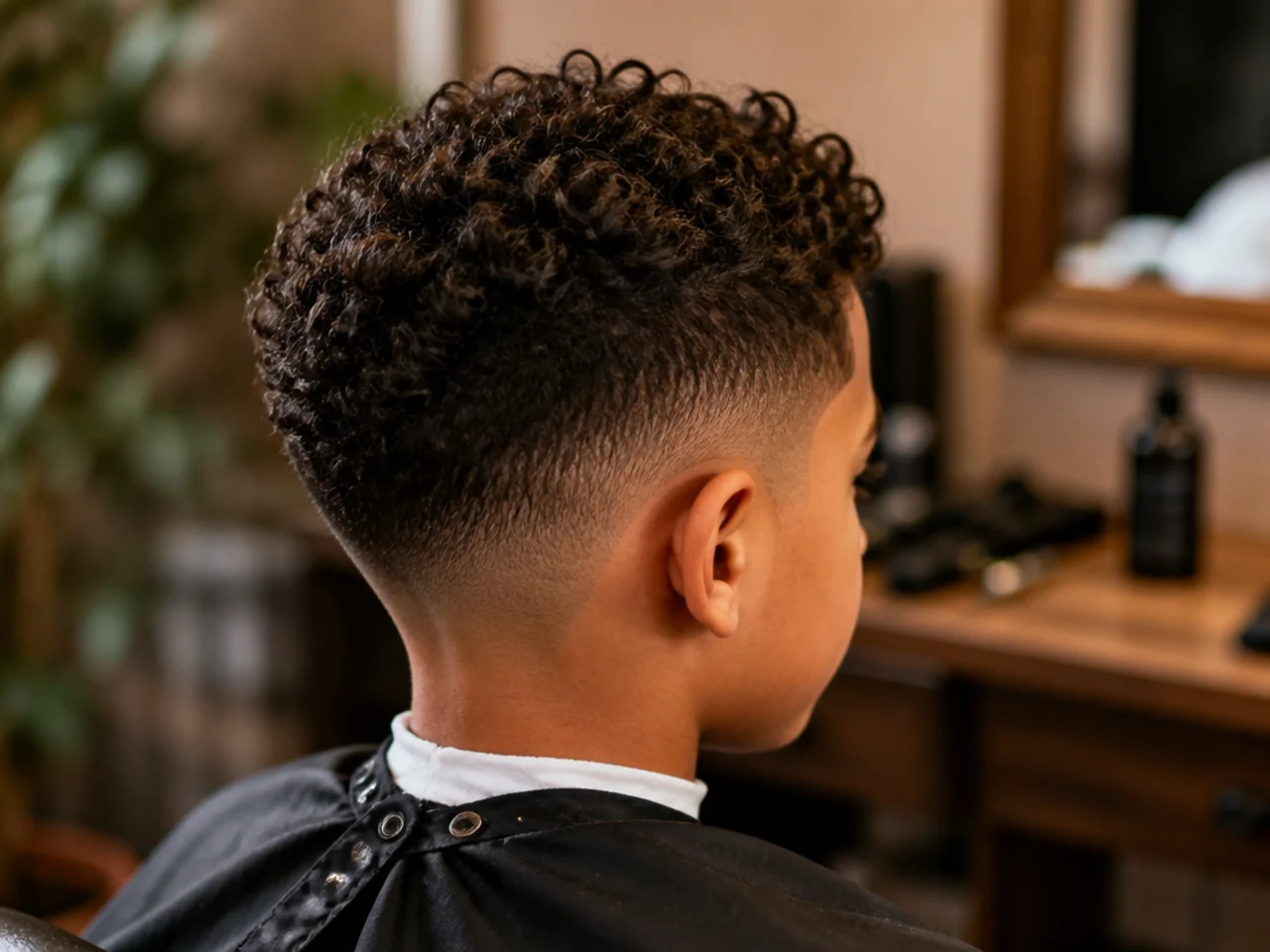 A boy having his curly hair cut short in a barber chair