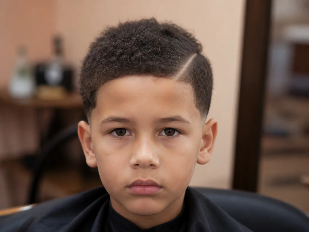 A boy with short curls brushed flat and frizzy