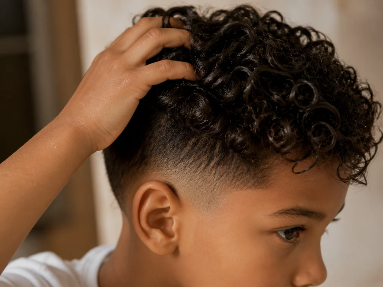 A boy running a damp hand through his short curls