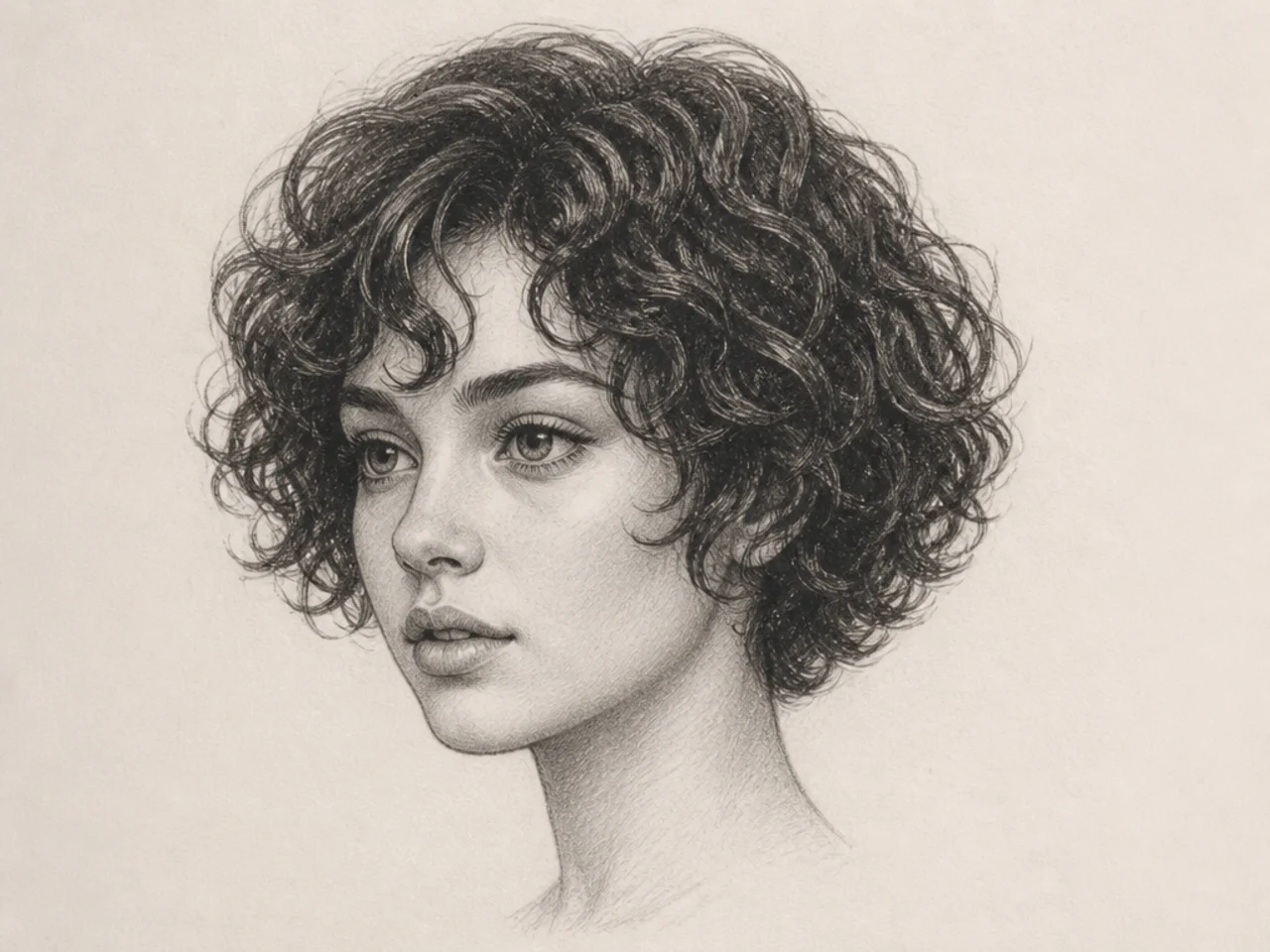 Short curly hair at three-quarter view