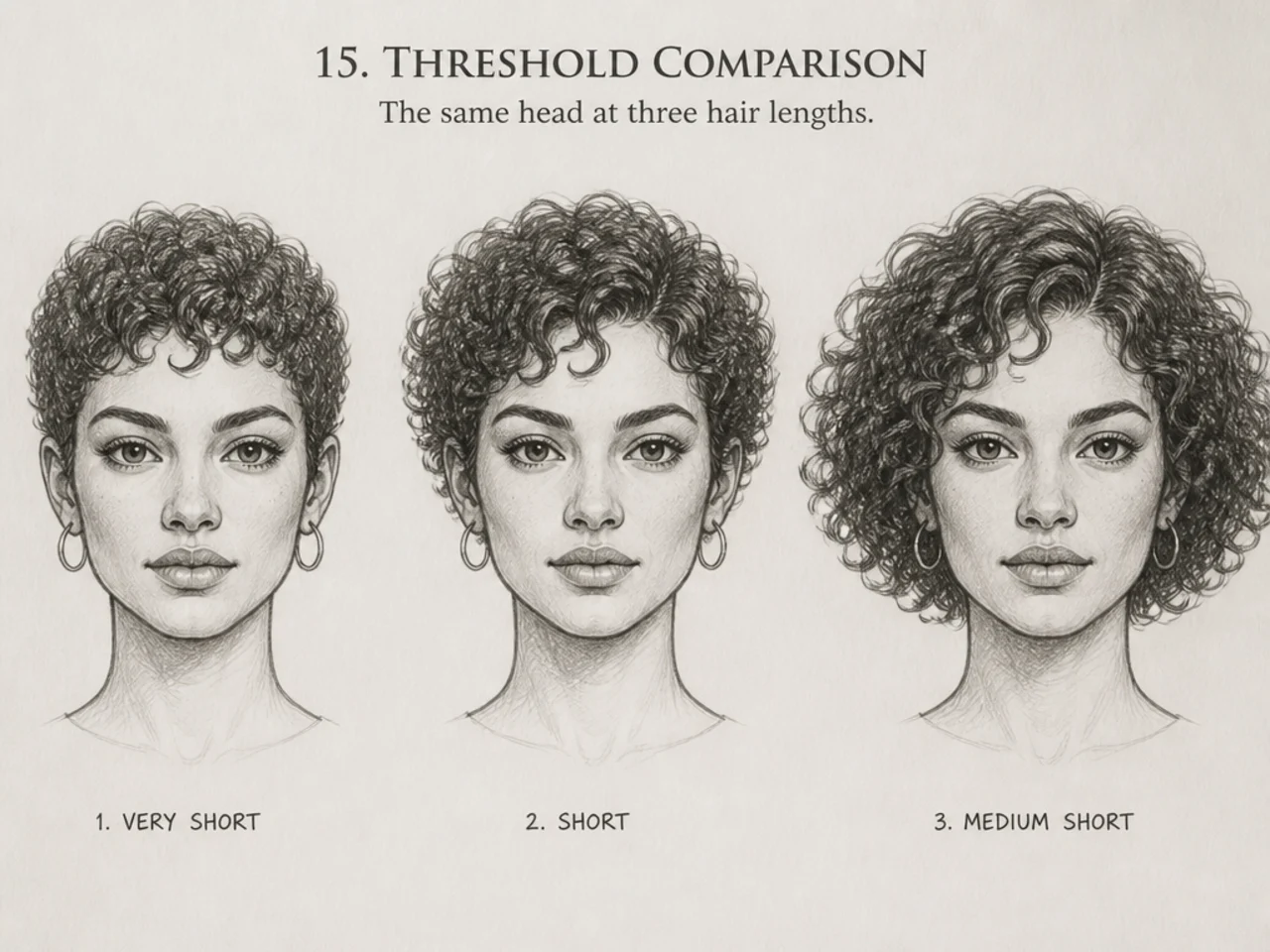 The same head drawn at three hair lengths