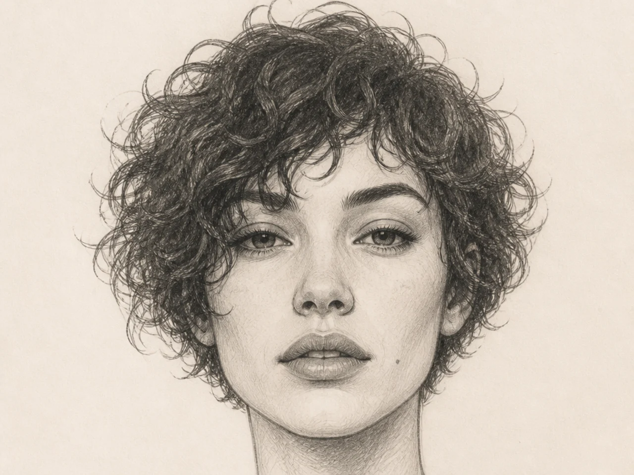 A finely broken silhouette edge on short curly hair