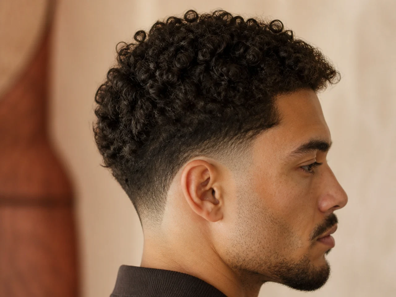 A man with short curls and a low taper