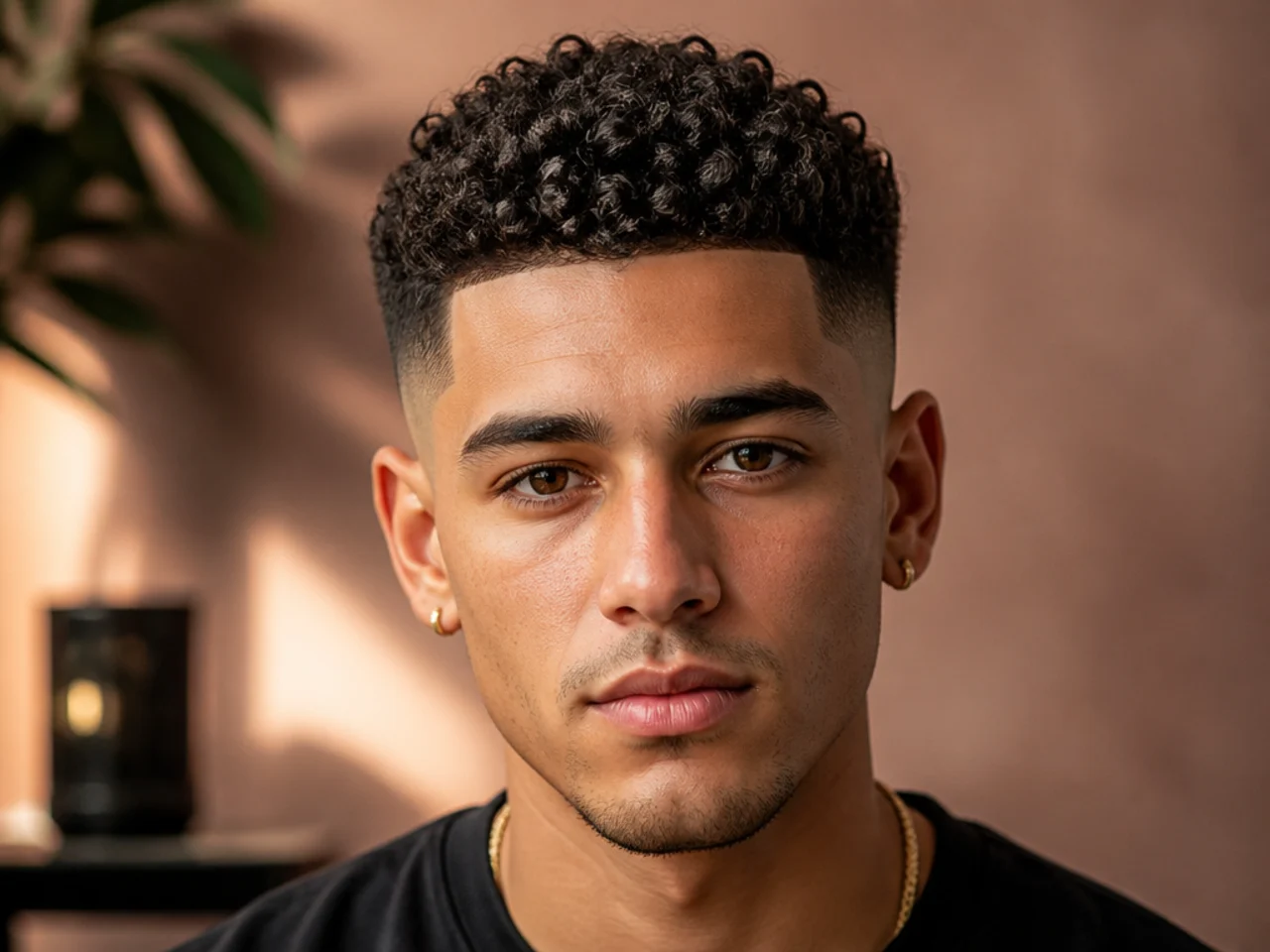A man with short curls over a mid fade
