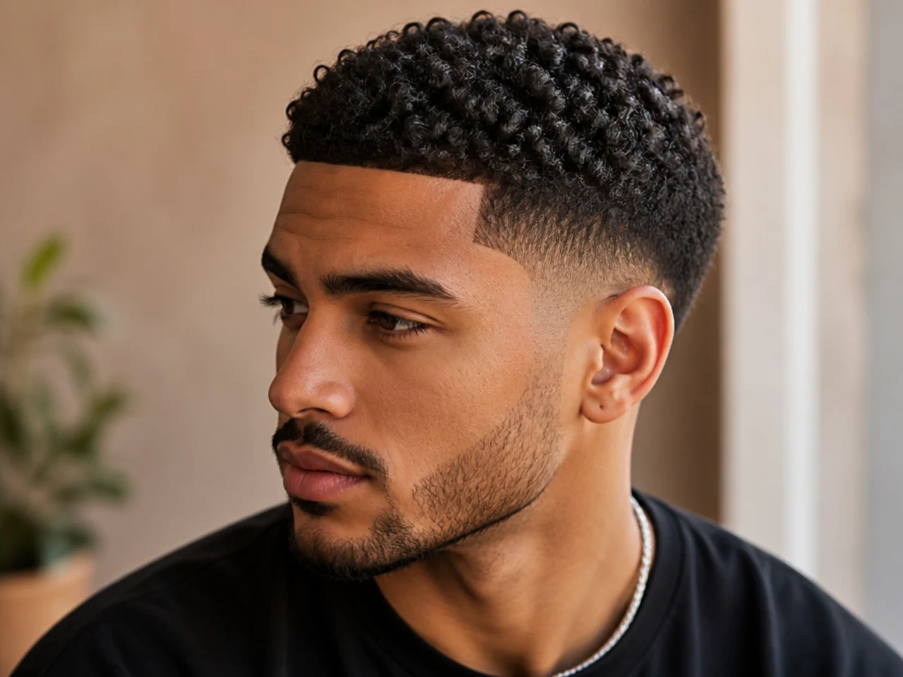 A man with short curls and a squared line-up