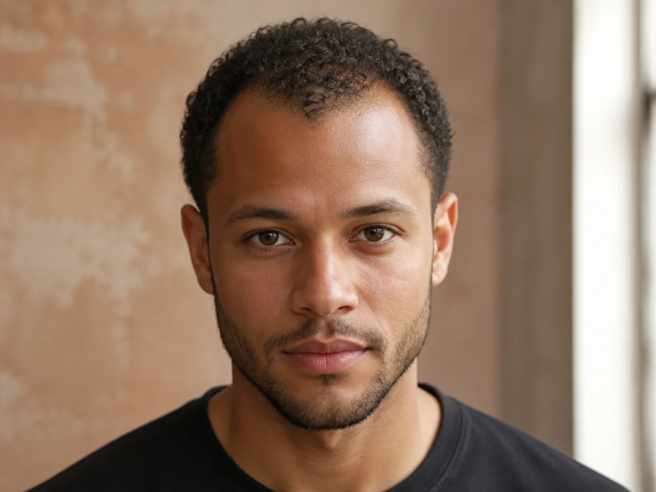 A man with short curls and a receding hairline