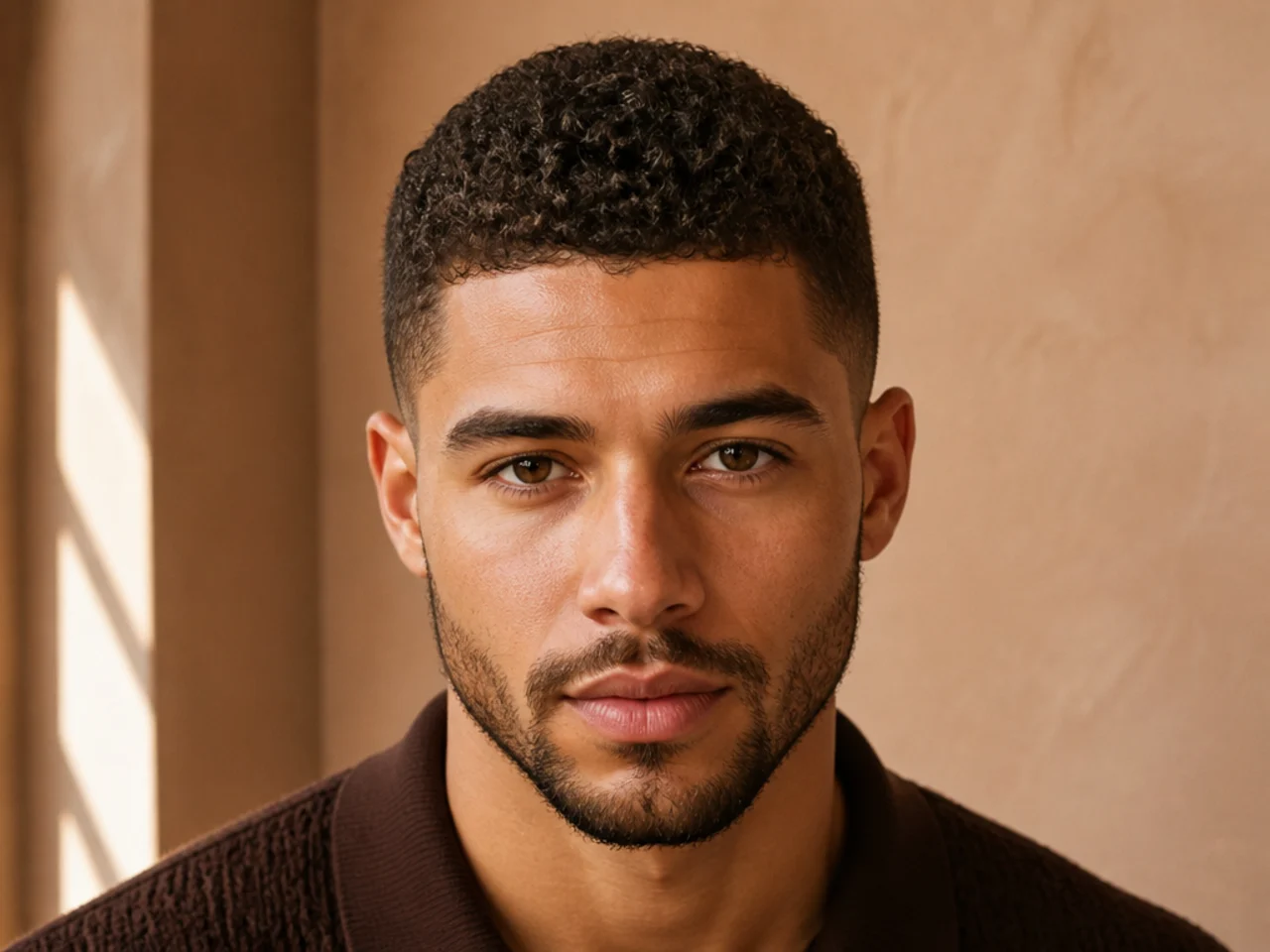 A man with a curly buzz cut at a number four guard