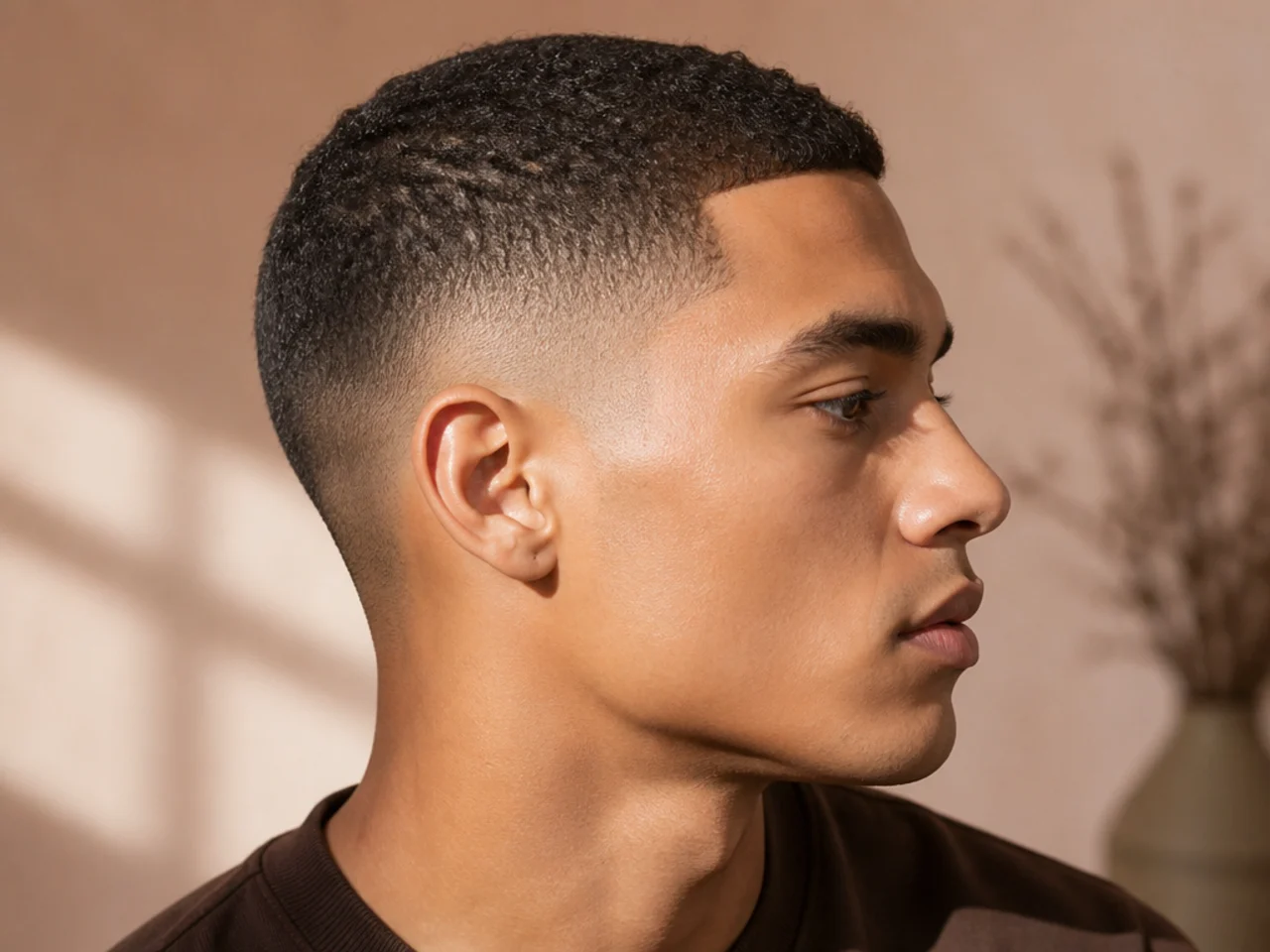 A man with a very short textured buzz cut