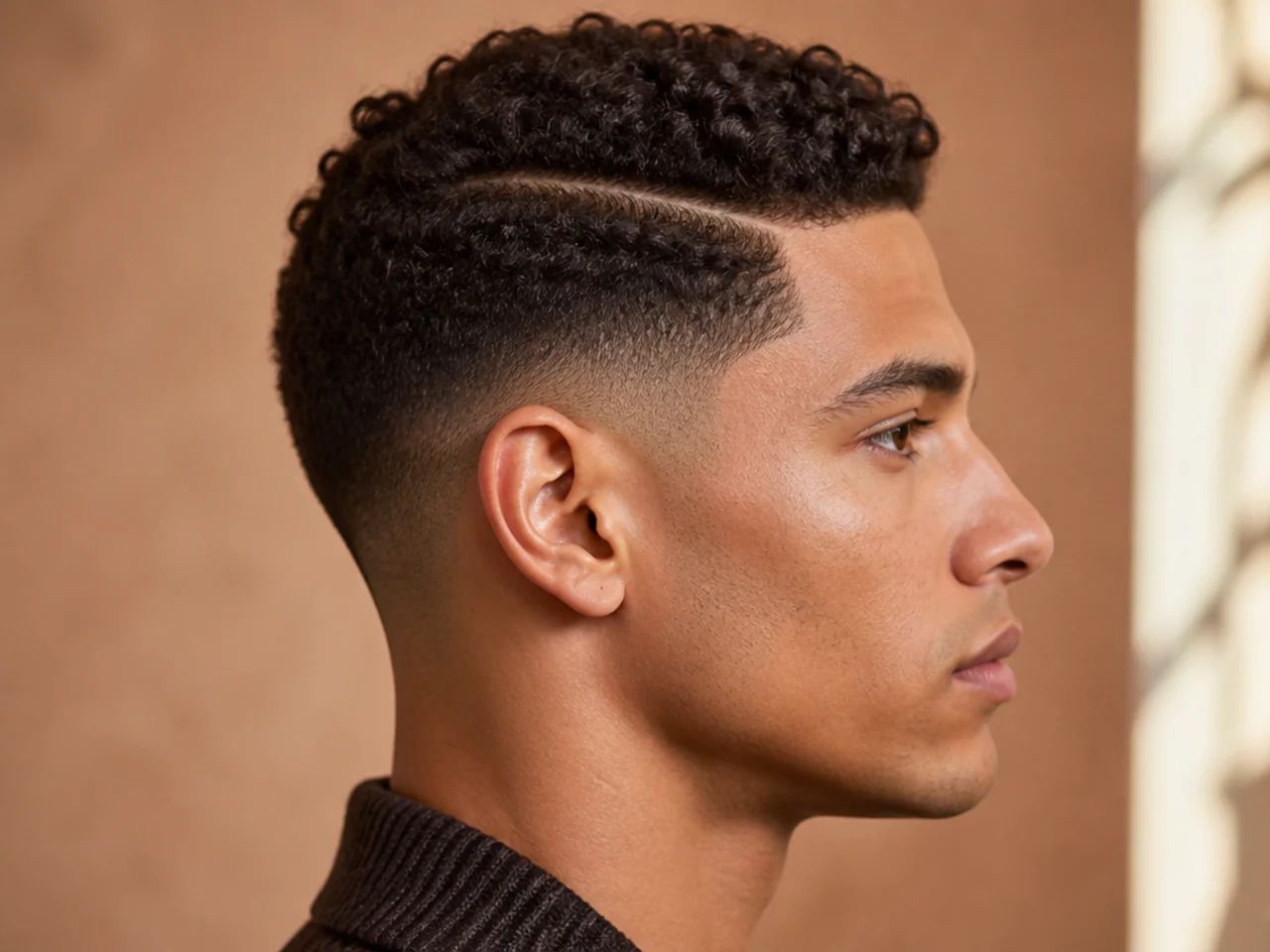 A man with short curls in a side part