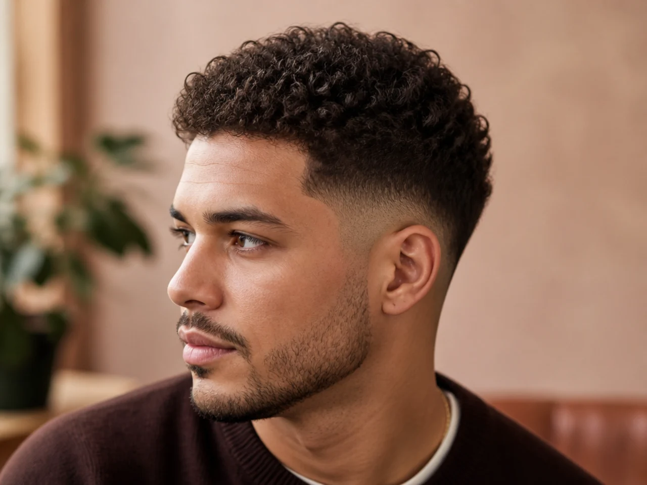 Side view of a man with a short curly haircut