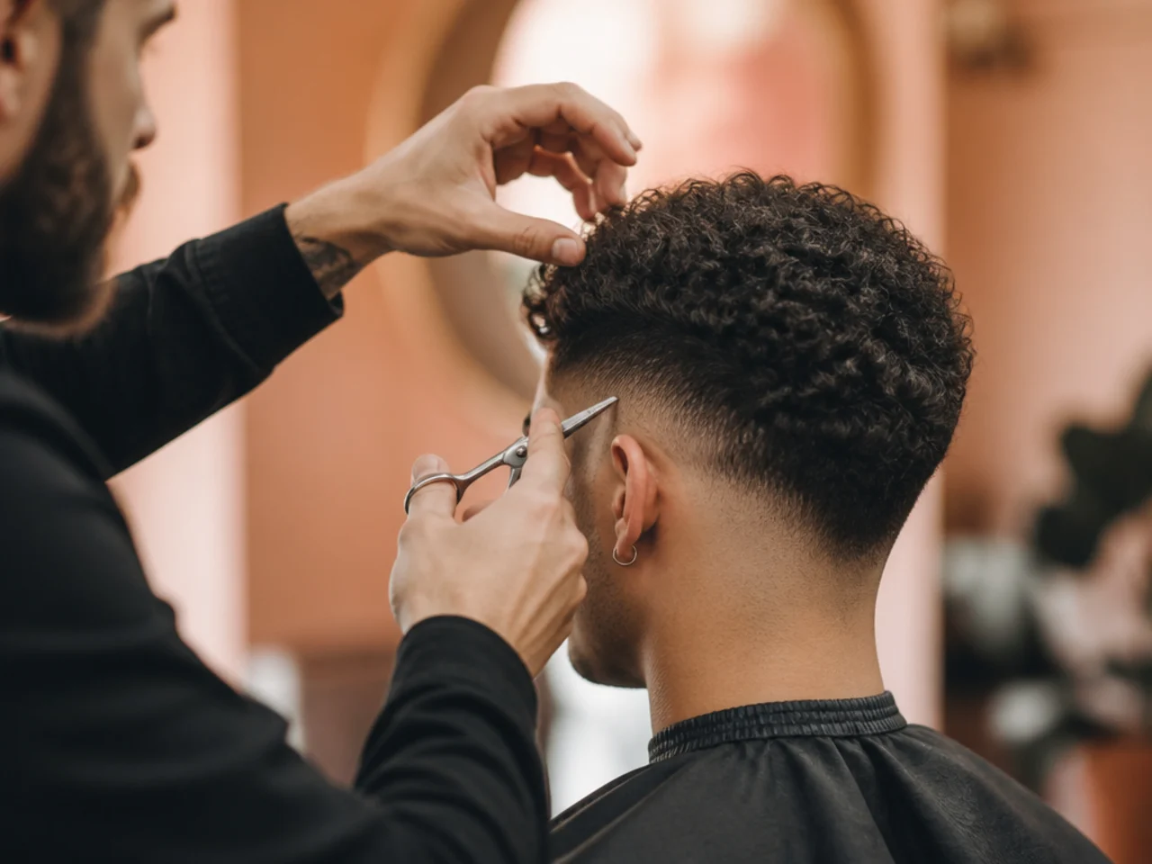 A barber dry cutting a man's short curly hair