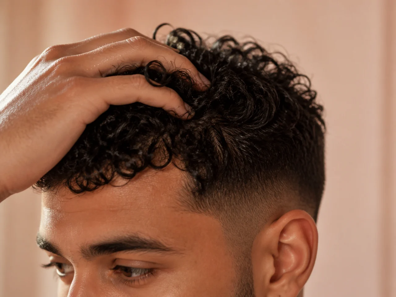 A man running a wet hand through short curls