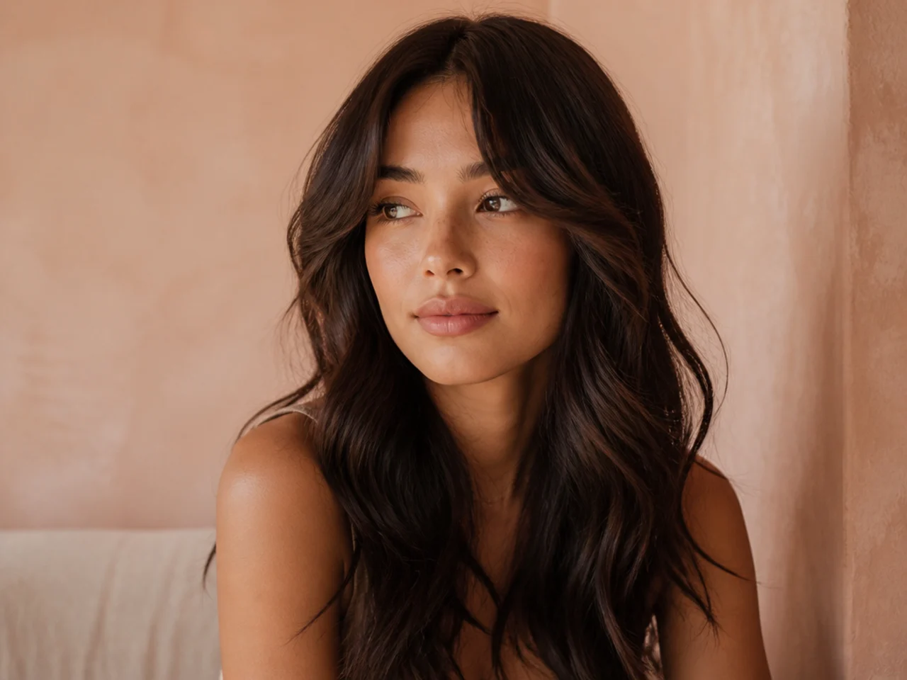Loose waves in long hair with a soft short curtain fringe bending away from the face