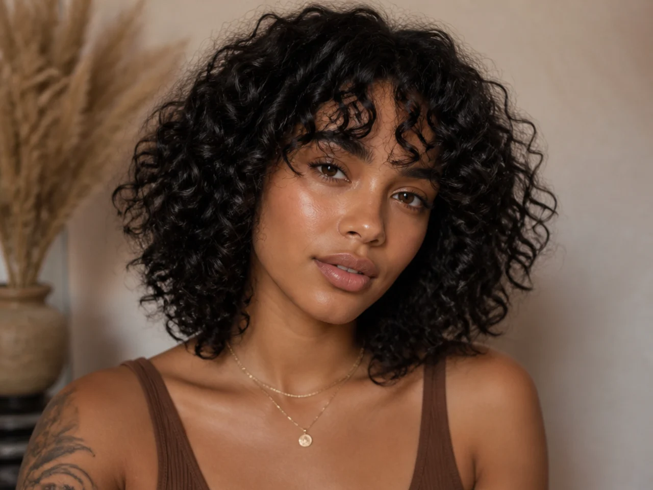 Defined curls forming a short curtain fringe springing away from the forehead