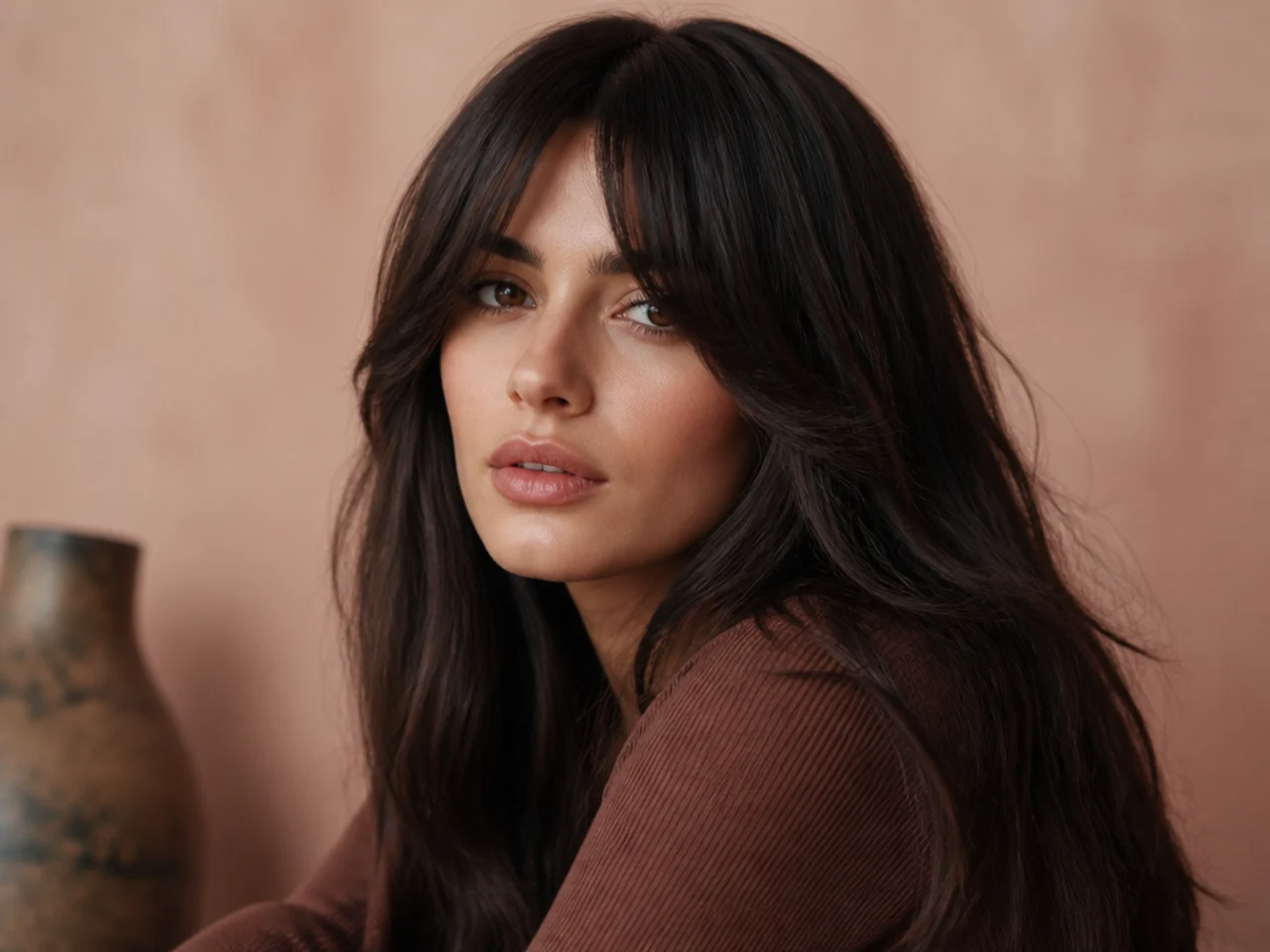 Very thick dark long hair with a curtain fringe lying flat against the forehead