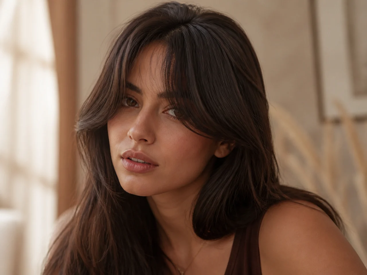 A curtain fringe worked around a front hairline cowlick with one longer side