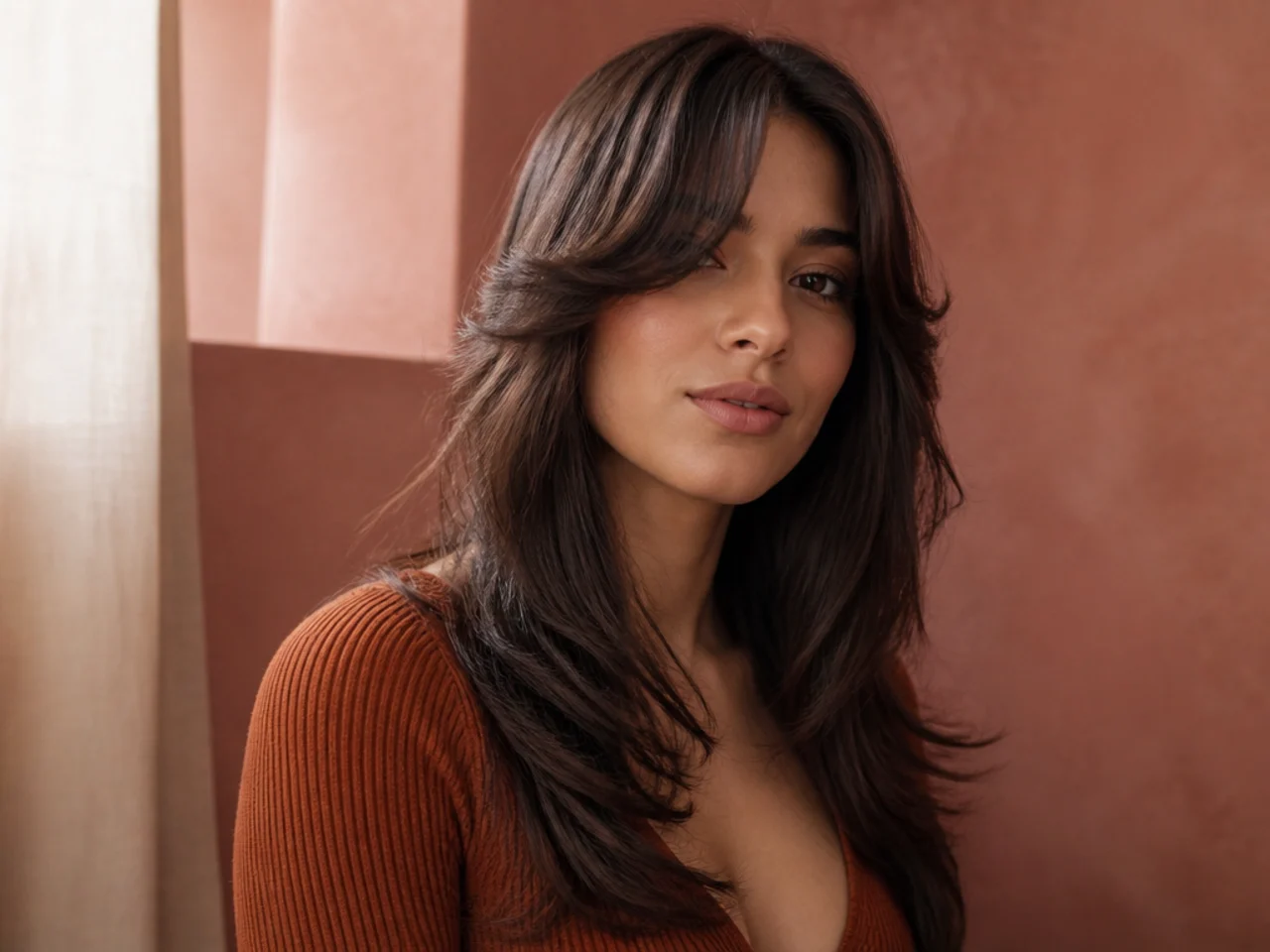 Feathered curtain bangs flicked outward in a seventies shape over long hair