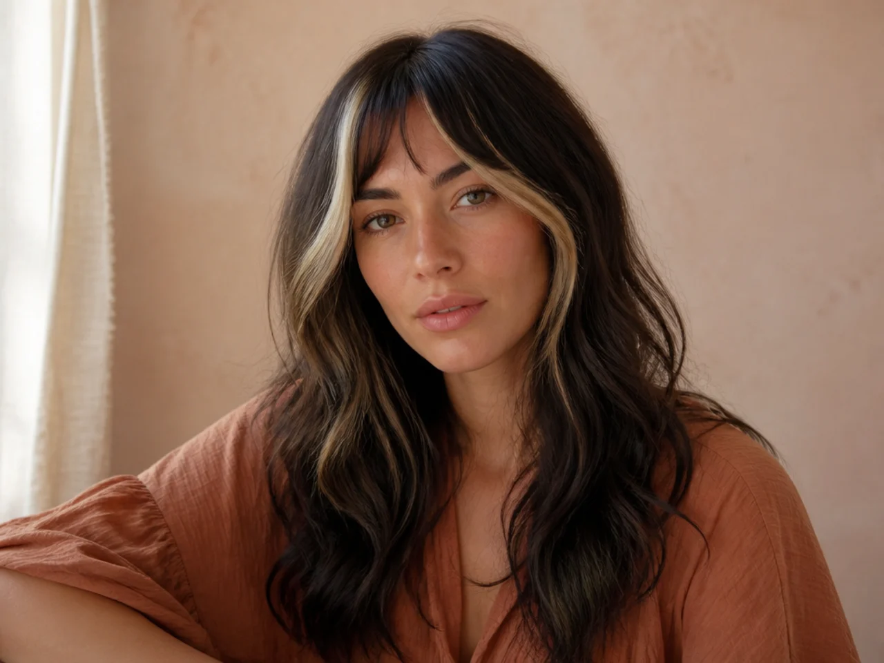 Brightly lightened front panels either side of a centre parted short fringe