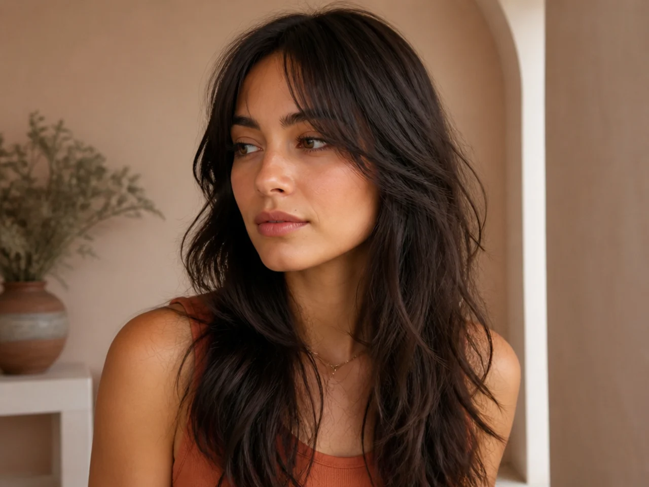 A wolf cut on long hair topped with short parted curtain bangs