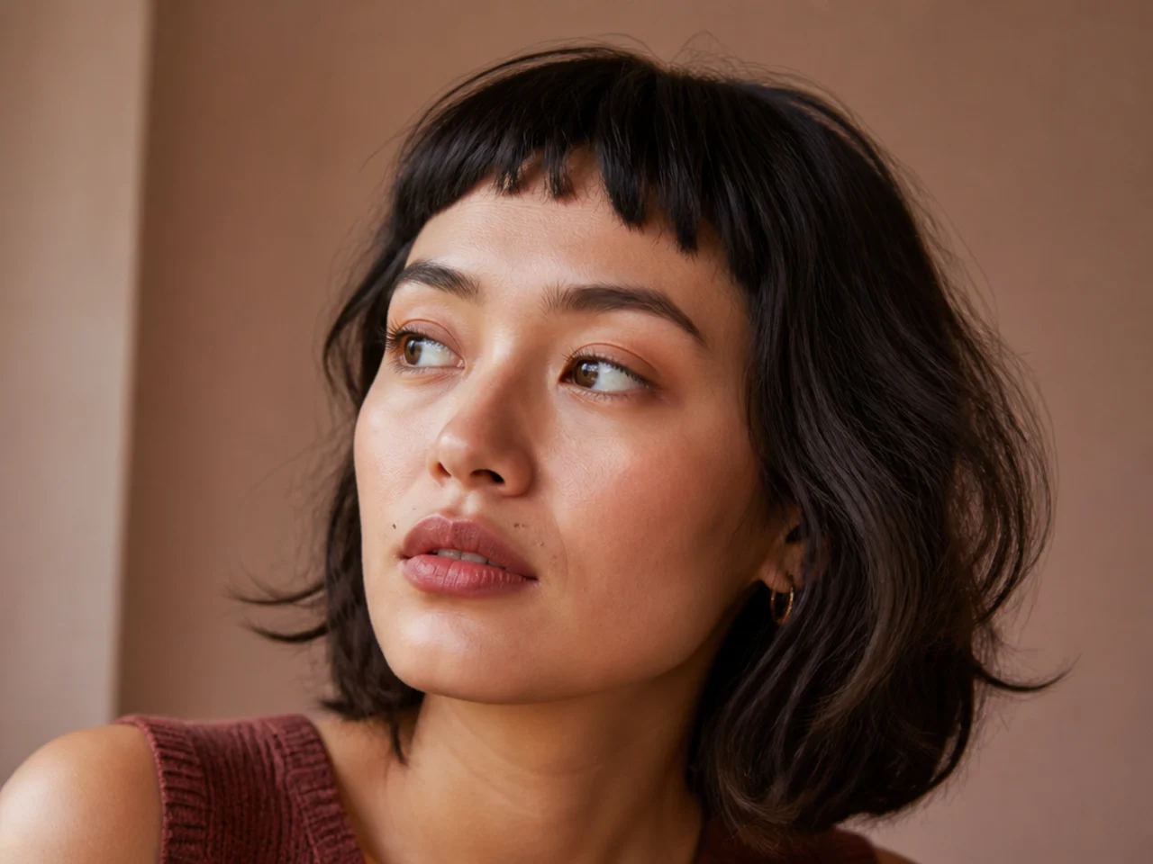 Short curtain bangs cut above the eyebrows with the full brow line exposed