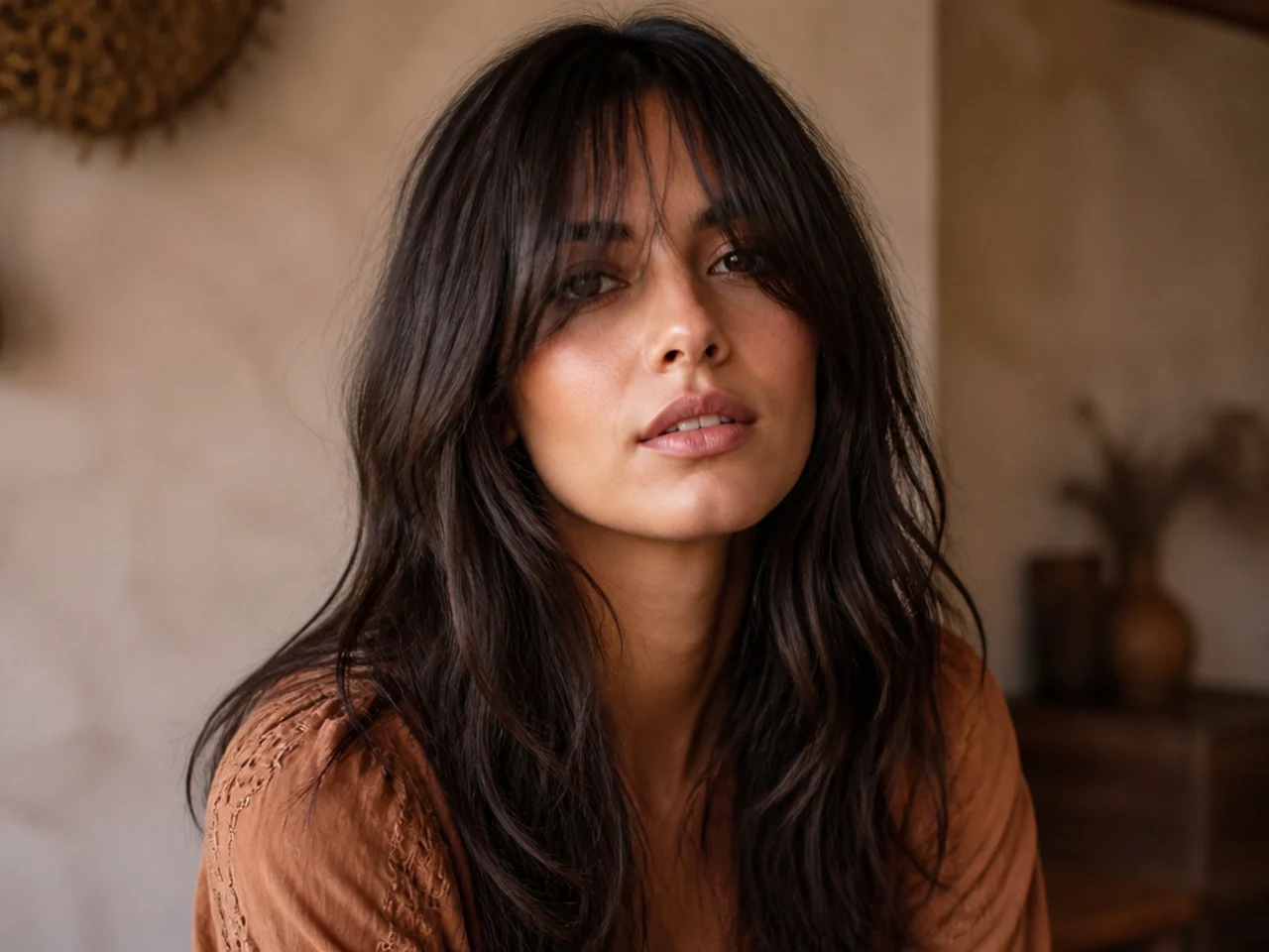 Grown out curtain bangs reaching the eyelashes on long hair
