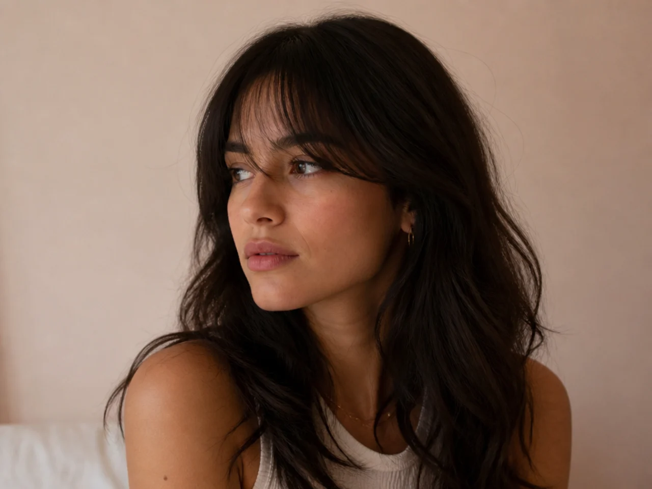 Airy wispy curtain bangs with fine separated ends resting lightly on the forehead