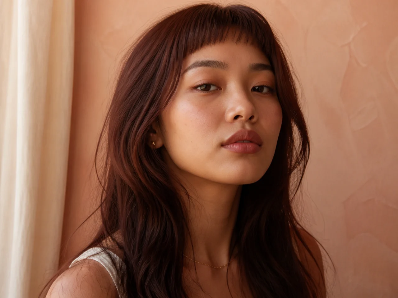 A very short micro curtain fringe sitting high on the forehead over long hair