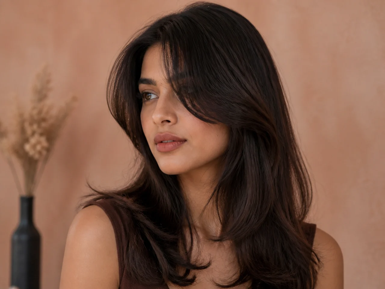 Curtain bangs split from a deep side parting with one heavier panel sweeping across