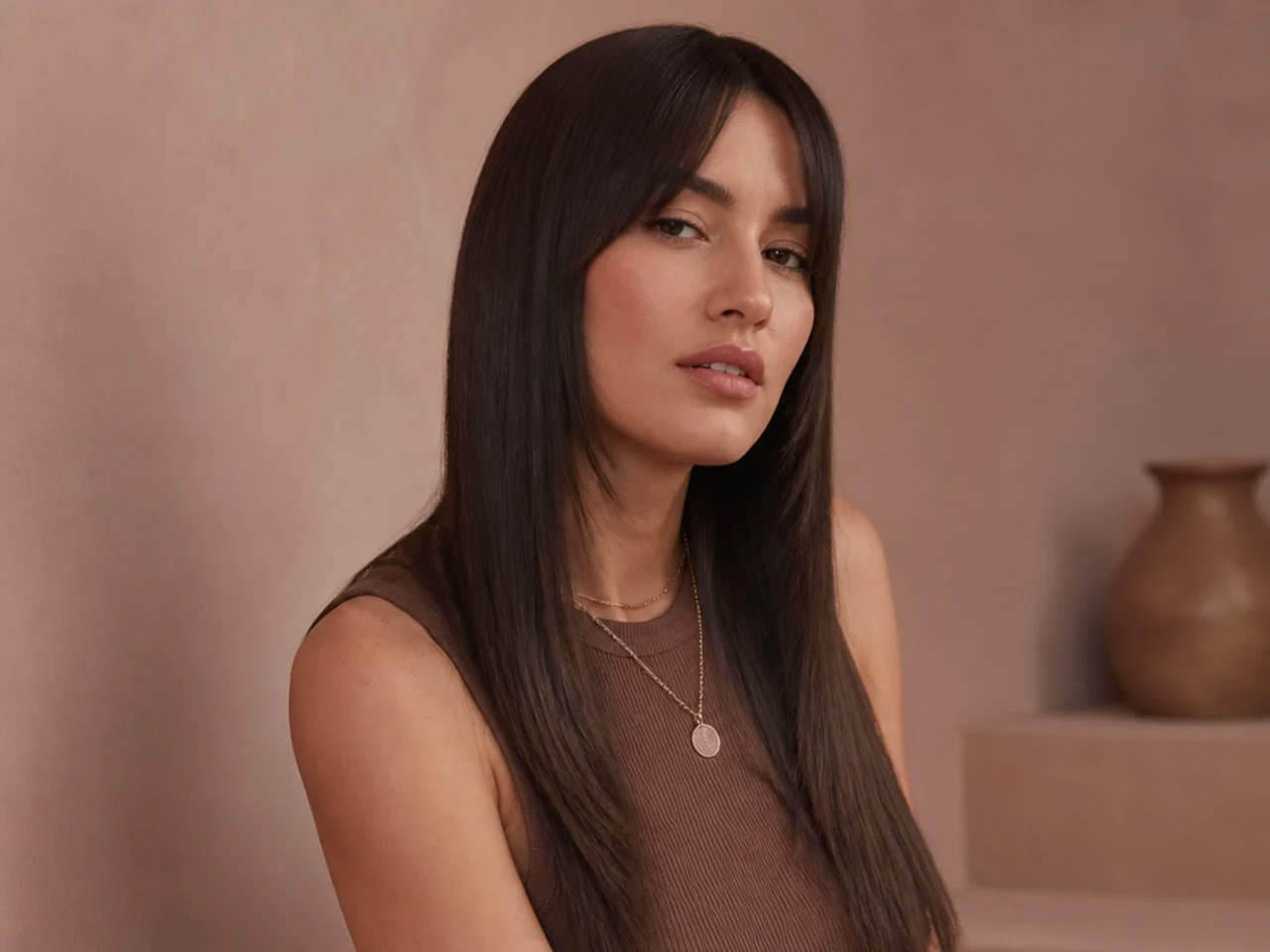 Poker straight long hair with a crisply angled short curtain fringe