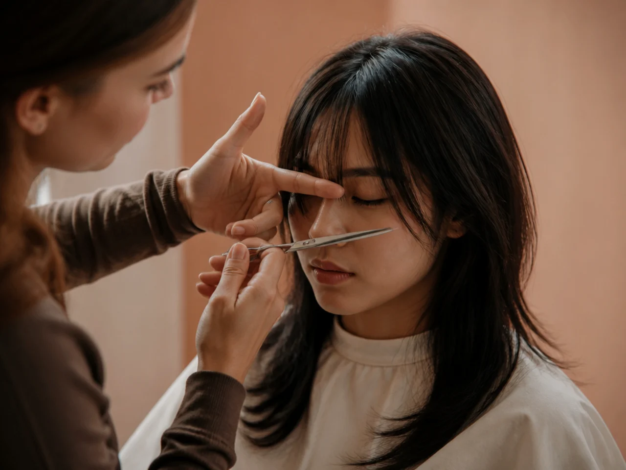Stylist measuring a fringe against the eyebrow with fingers before making the first cut